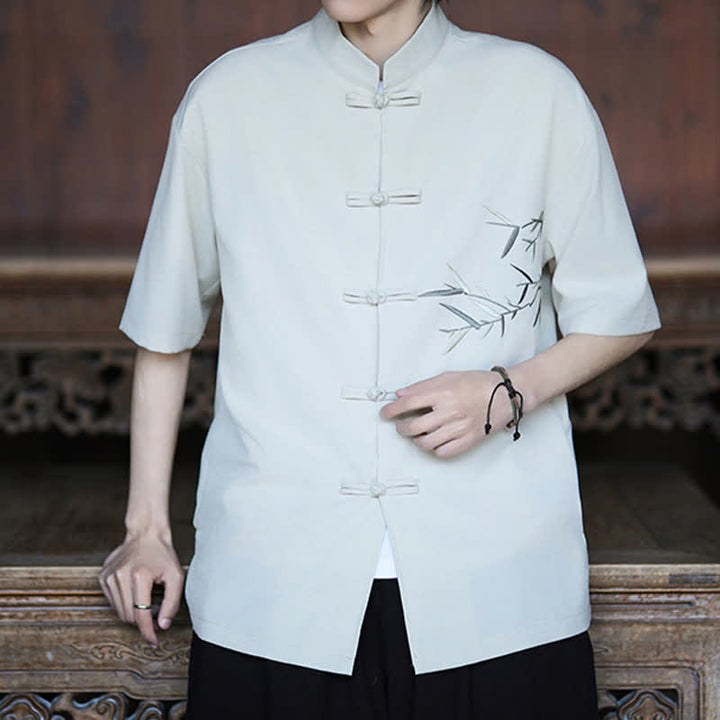 Buddha Stones Summer Tang Style Mandarin Collar Frog Button Bamboo Embroidery Men's Short Sleeve Shirts - image 3