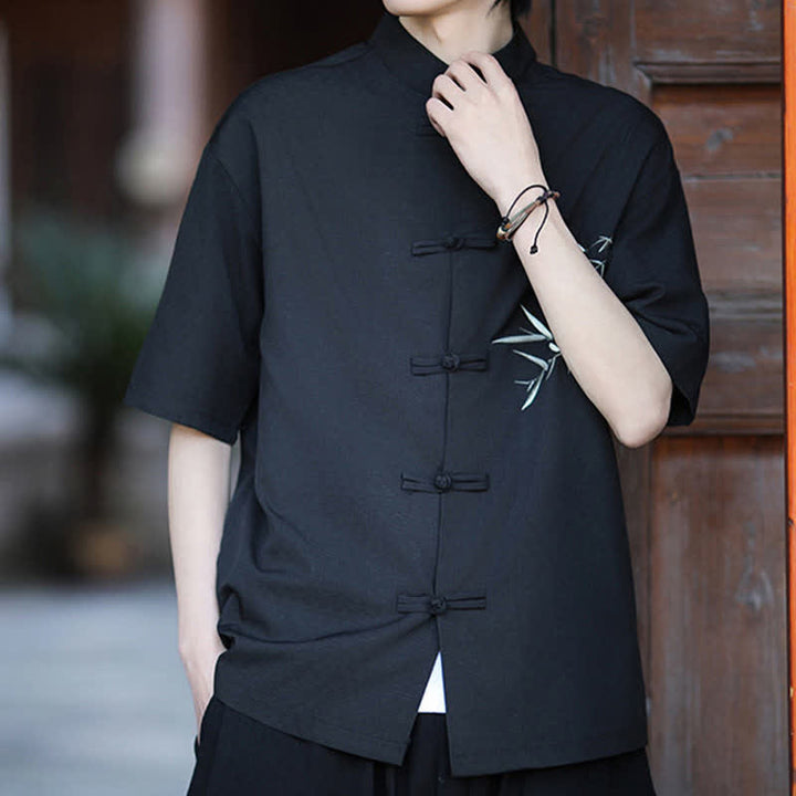 Buddha Stones Summer Tang Style Mandarin Collar Frog Button Bamboo Embroidery Men's Short Sleeve Shirts - image 10