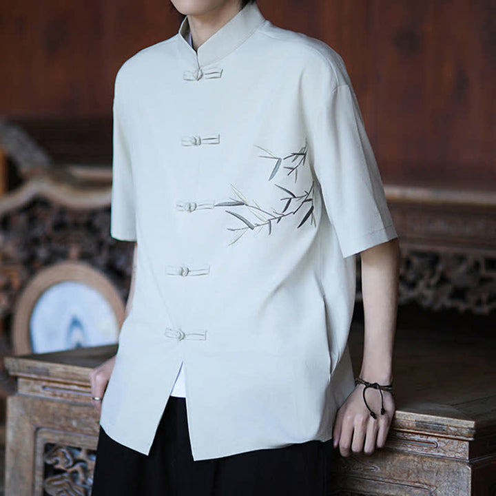 Buddha Stones Summer Tang Style Mandarin Collar Frog Button Bamboo Embroidery Men's Short Sleeve Shirts - image 6