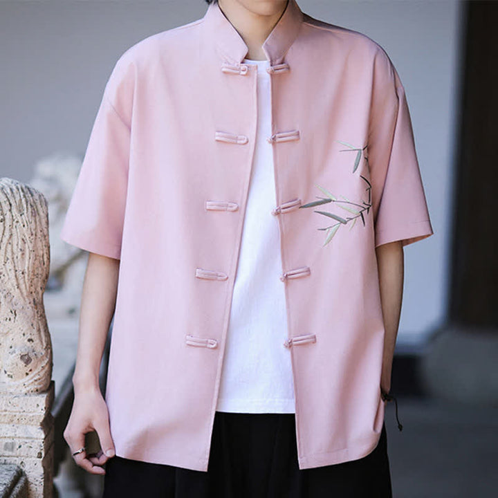 Buddha Stones Summer Tang Style Mandarin Collar Frog Button Bamboo Embroidery Men's Short Sleeve Shirts - image 21