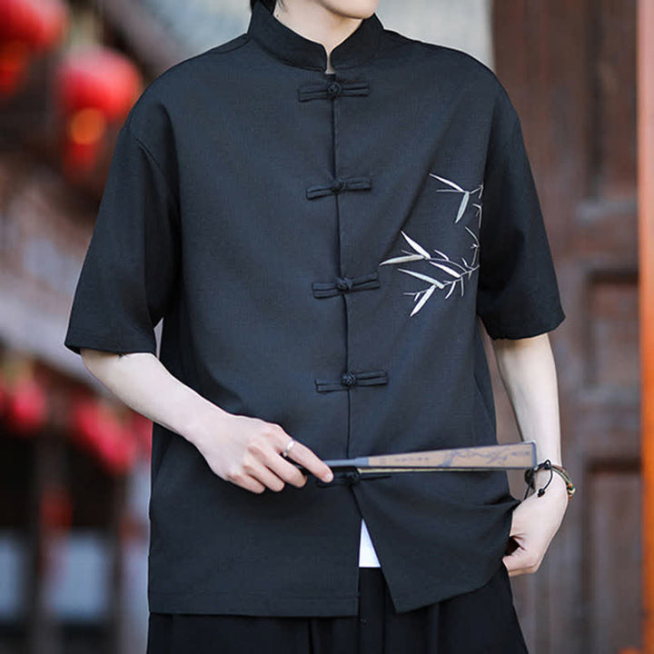 Buddha Stones Summer Tang Style Mandarin Collar Frog Button Bamboo Embroidery Men's Short Sleeve Shirts - image 13
