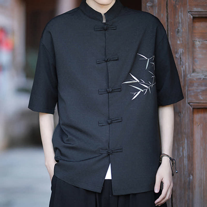 Buddha Stones Summer Tang Style Mandarin Collar Frog Button Bamboo Embroidery Men's Short Sleeve Shirts - image 16