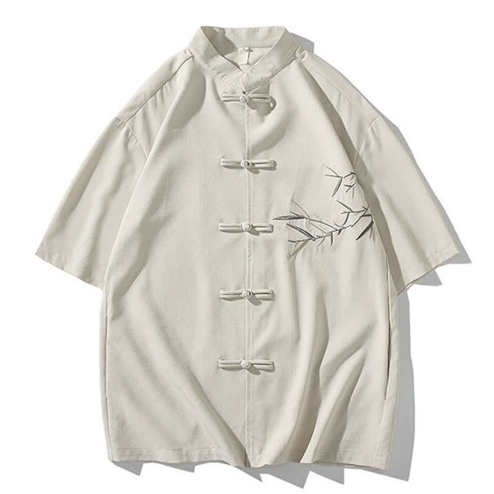 Buddha Stones Summer Tang Style Mandarin Collar Frog Button Bamboo Embroidery Men's Short Sleeve Shirts - Linen - US/UK/AU46，EU56 (5XL) - image 30