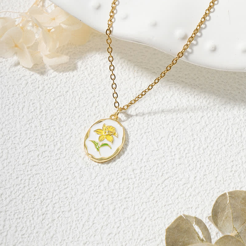 Buddha Stones Titanium Steel Birth Flower Strengthen Pendant Necklace - Jonquil - Golden Titanium Steel - image 6