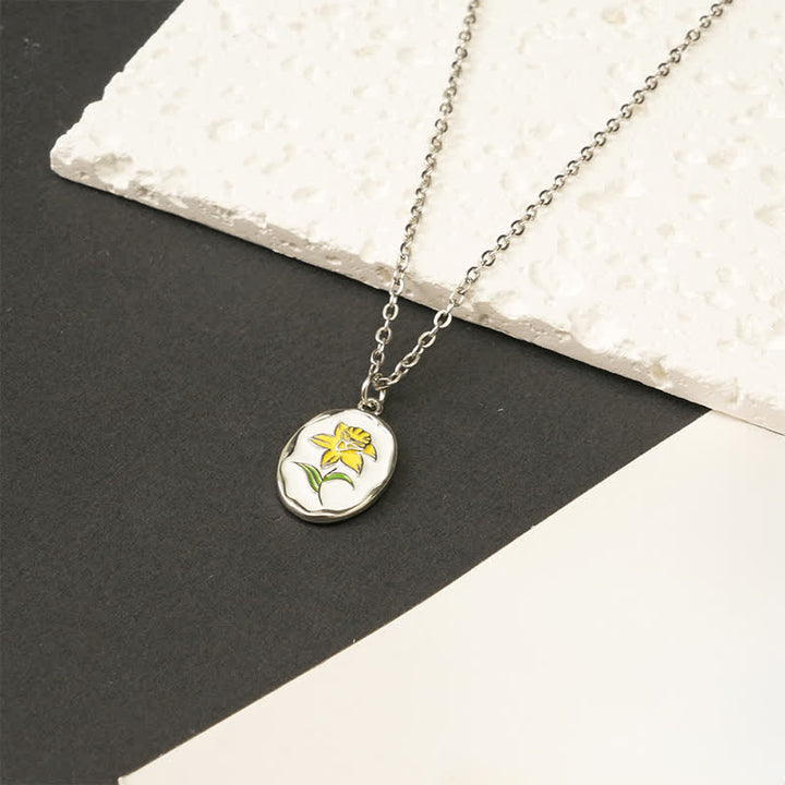 Buddha Stones Titanium Steel Birth Flower Strengthen Pendant Necklace - Jonquil - Silvery Titanium Steel - image 7
