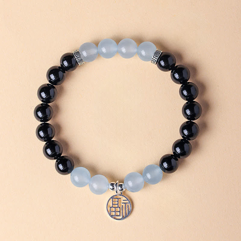 Buddha Stones Black Onyx Fu Character Beaded Luck Bracelet - Black Onyx Blue Chalcedony(Wrist Circumference:15–16 cm) - image 12