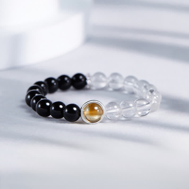 Buddha Stones Clear Quartz Black Obsidian Protection Bracelet - Clear Quartz Black Obsidian(Wrist Circumference:15–16 cm) - image 0