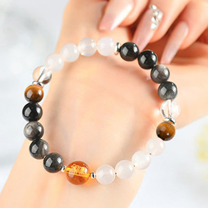 Buddha Stones Natural Crystals Silver Sheen Obsidian Chinese Zodiac Protection Bracelet - Ox(Wrist Circumference:15–16 cm) - image 3