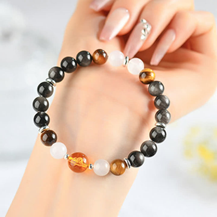 Buddha Stones Natural Crystals Silver Sheen Obsidian Chinese Zodiac Protection Bracelet - Rat(Wrist Circumference:15–16 cm) - image 0