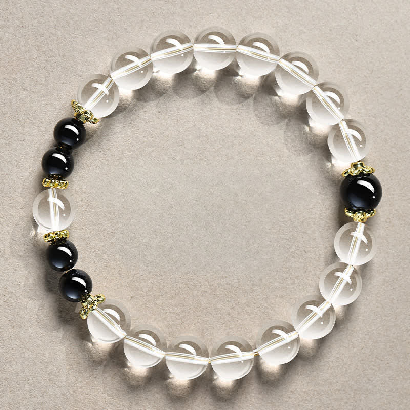 Buddha Stones Natural Clear Quartz Beaded Healing Bracelet - 8mm Clear Quartz Black Obsidian(Wrist Circumference:15–16 cm) - image 0
