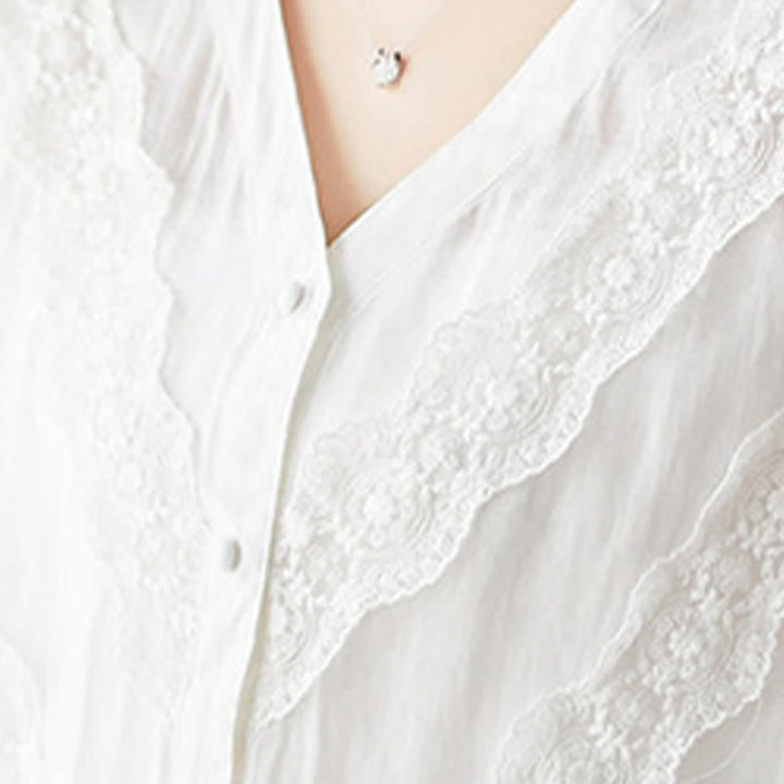 Buddha Stones Summer Solid V-Neck Lace-trimmed Women's Elbow-Length Sleeve Shirts - image 9