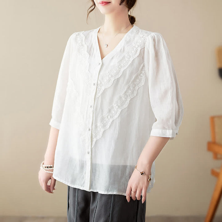 Buddha Stones Summer Solid V-Neck Lace-trimmed Women's Elbow-Length Sleeve Shirts - White - US8-10，UK/AU12-14，EU40-42 (2XL) - image 5