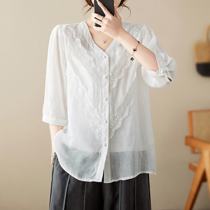 Buddha Stones Summer Solid V-Neck Lace-trimmed Women's Elbow-Length Sleeve Shirts - image 7