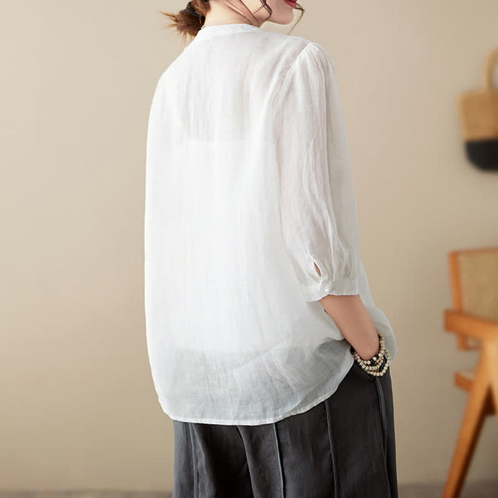 Buddha Stones Summer Solid V-Neck Lace-trimmed Women's Elbow-Length Sleeve Shirts - image 6