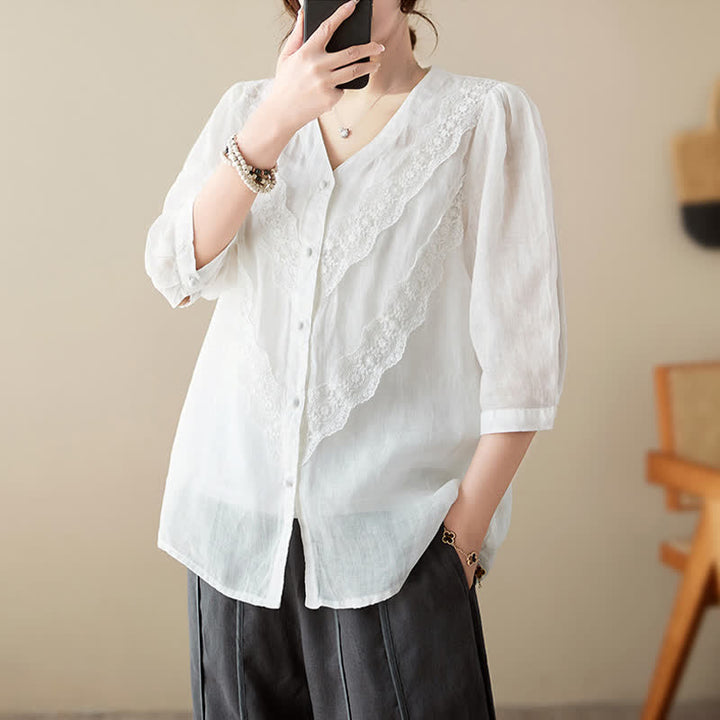 Buddha Stones Summer Solid V-Neck Lace-trimmed Women's Elbow-Length Sleeve Shirts - image 8