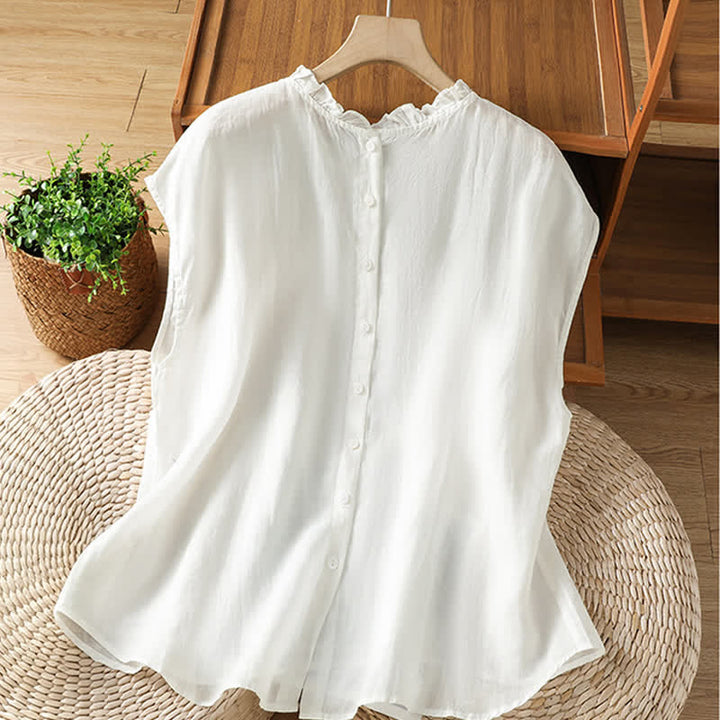 Buddha Stones Summer Casual Ruffled Collar Back Button-up Solid Women's Sleeveless Shirts - White - US8-10，UK/AU12-14，EU40-42 (2XL) - image 13