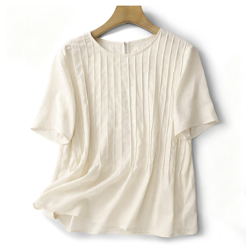 Buddha Stones Summer Elegant Pleated Solid Women's Short Sleeve T-Shirts - Beige - US6，UK/AU10，EU38 (XL) - image 1