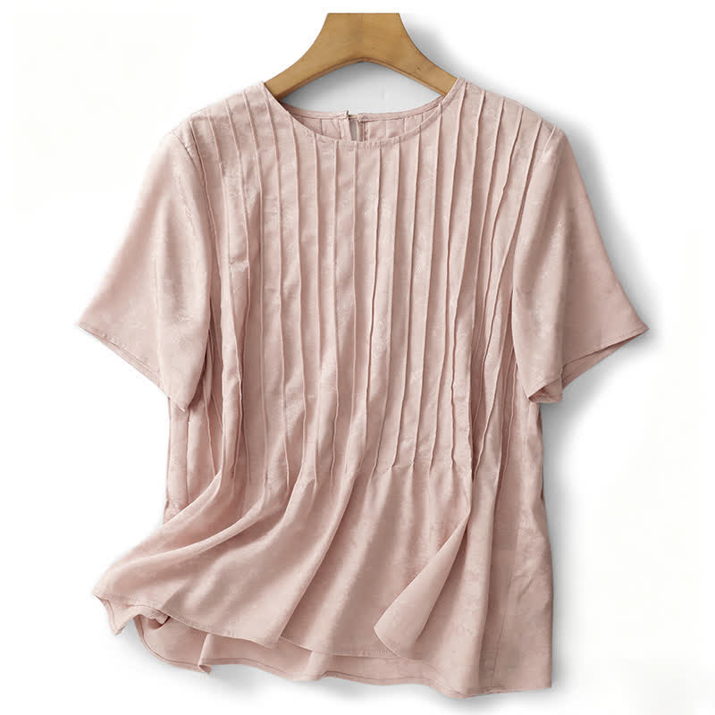 Buddha Stones Summer Elegant Pleated Solid Women's Short Sleeve T-Shirts - LightPink - US6，UK/AU10，EU38 (XL) - image 0