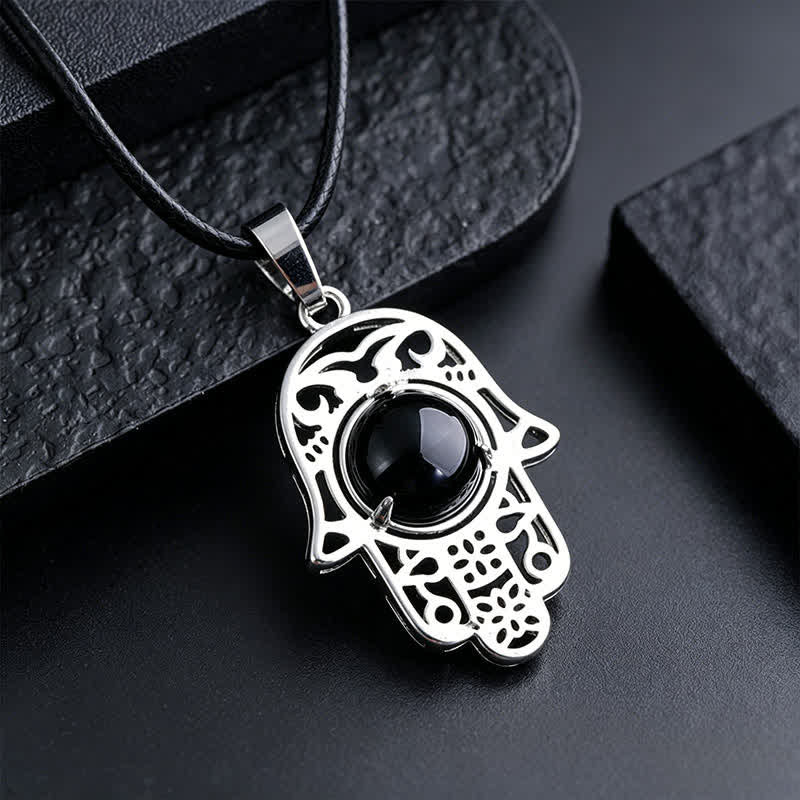 Buddha Stones Natural Black Obsidian Hamsa Palm Inlay Crystal Strength Necklace - Natural Black Obsidian(Color May Vary) - image 1