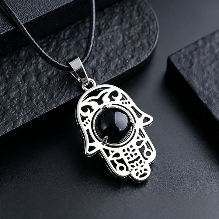 Buddha Stones Natural Black Obsidian Hamsa Palm Inlay Crystal Strength Necklace - Natural Black Obsidian(Color May Vary) - image 1
