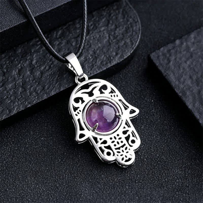 Buddha Stones Natural Black Obsidian Hamsa Palm Inlay Crystal Strength Necklace - Natural Amethyst(Color May Vary) - image 6