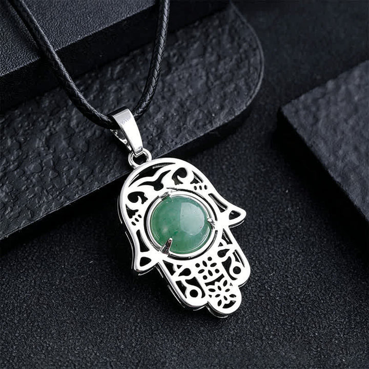Buddha Stones Natural Black Obsidian Hamsa Palm Inlay Crystal Strength Necklace - Natural Green Aventurine(Color May Vary) - image 4