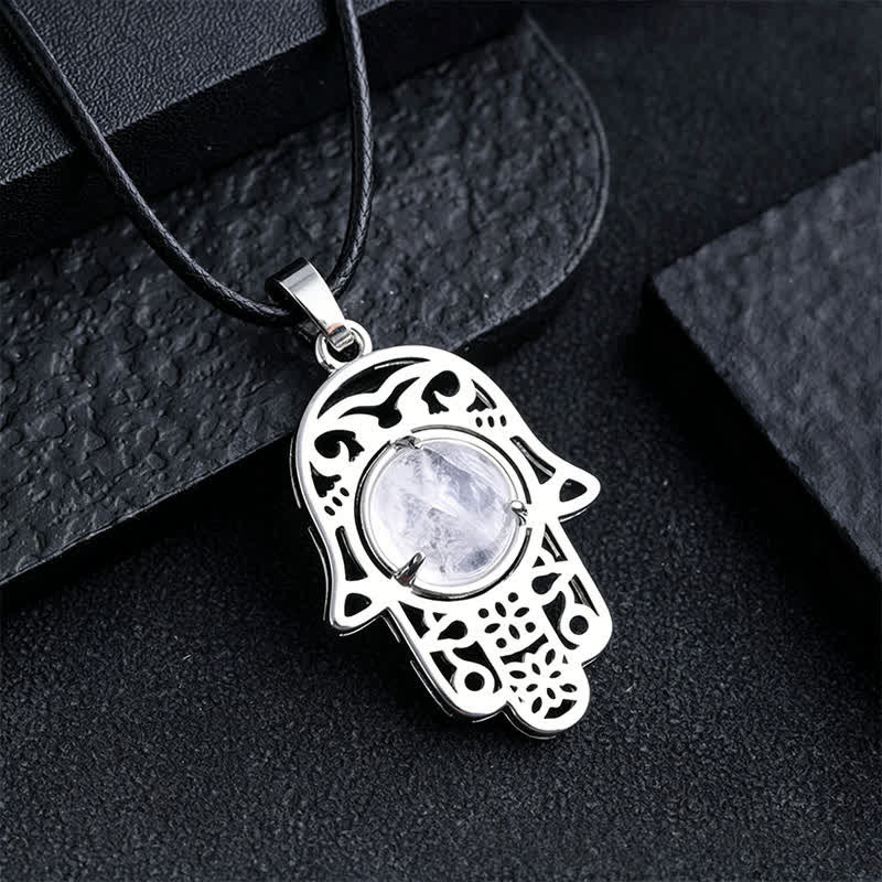 Buddha Stones Natural Black Obsidian Hamsa Palm Inlay Crystal Strength Necklace - Natural Clear Quartz(Color May Vary) - image 14