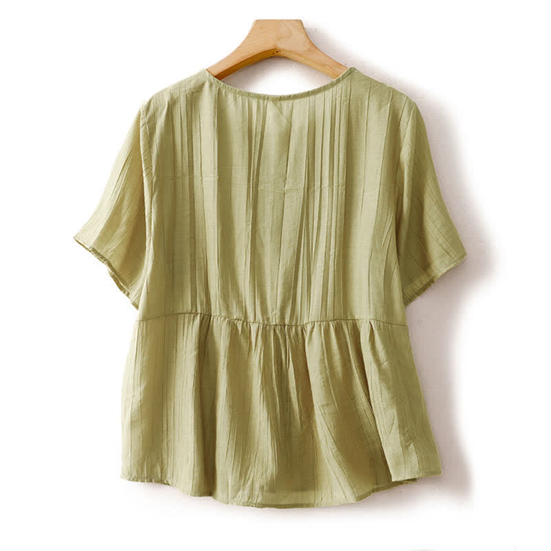 Buddha Stones Summer Boho Buttons Solid Crew Neck Women's Short Sleeve Shirt - image 8