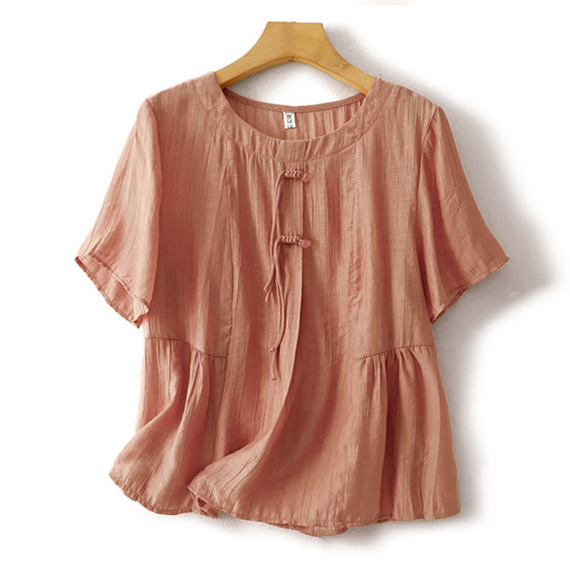 Buddha Stones Summer Boho Buttons Solid Crew Neck Women's Short Sleeve Shirt - LightSalmon - US8-10，UK/AU12-14，EU40-42 (2XL) - image 15
