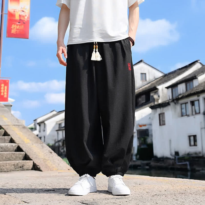Buddha Stones Summer Drawstring Solid Ankle Length Men's Harem Pants With Pockets - Black - US/UK/AU46，EU56 (5XL) - image 0