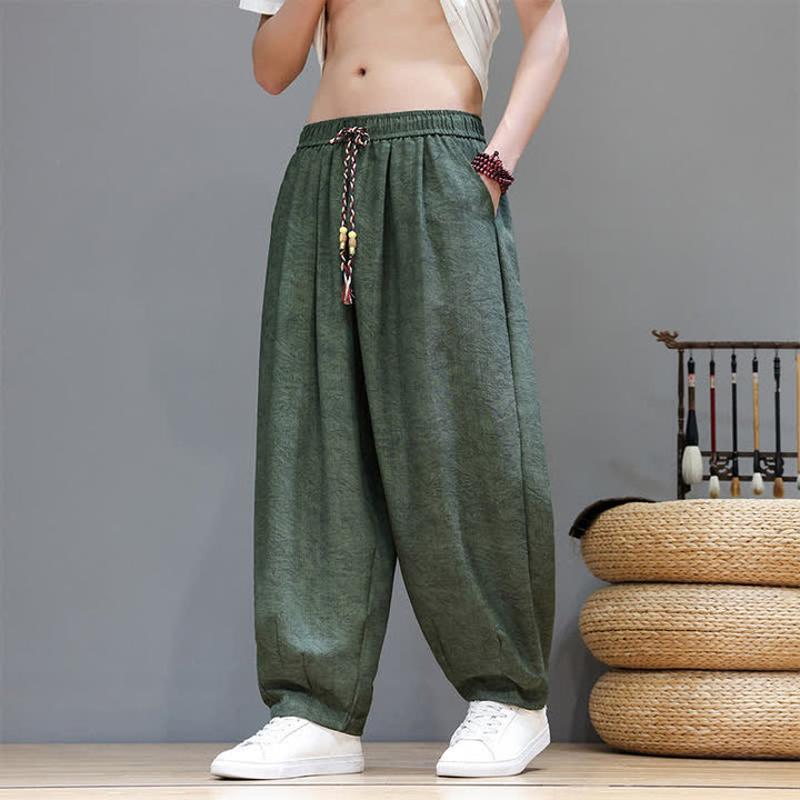 Buddha Stones Summer Bohemian Drawstring Solid Plant Pattern Men's Harem Pants With Pockets - DarkOliveGreen - US/UK/AU48，EU58 (6XL) - image 0