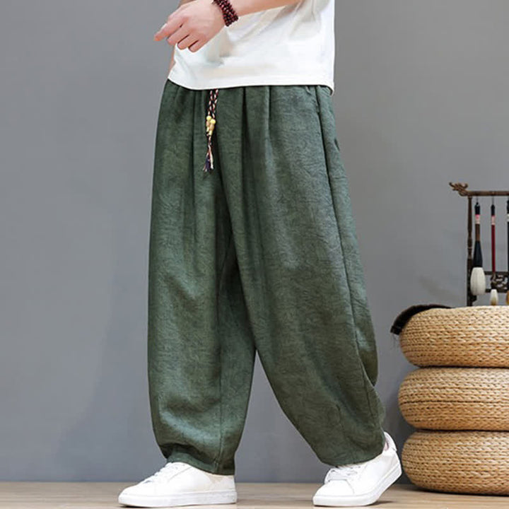 Buddha Stones Summer Bohemian Drawstring Solid Plant Pattern Men's Harem Pants With Pockets - image 3