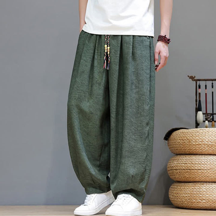 Buddha Stones Summer Bohemian Drawstring Solid Plant Pattern Men's Harem Pants With Pockets - image 6