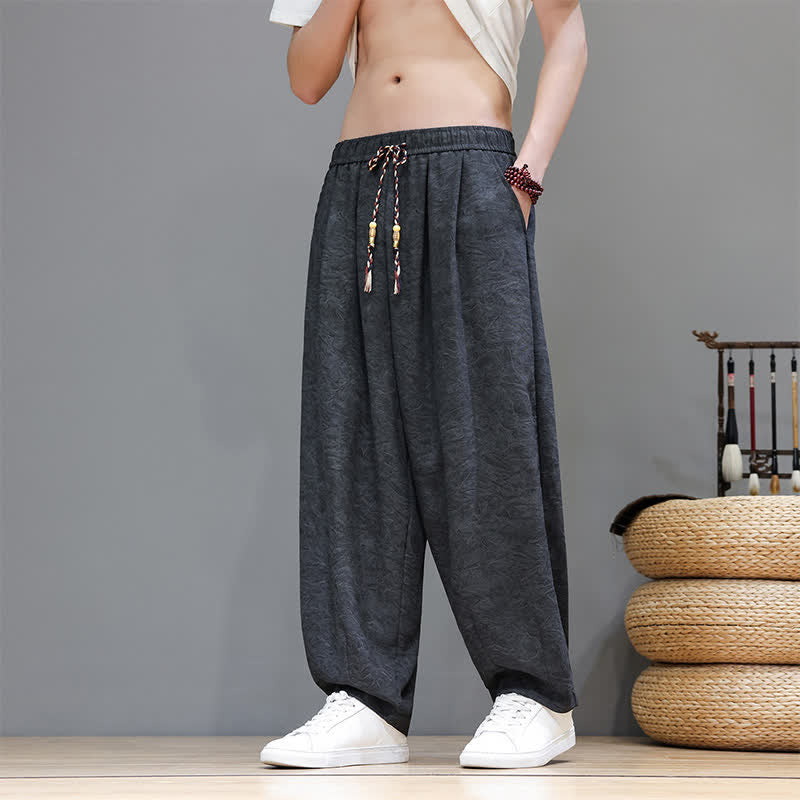 Buddha Stones Summer Bohemian Drawstring Solid Plant Pattern Men's Harem Pants With Pockets - DimGray - US/UK/AU48，EU58 (6XL) - image 9