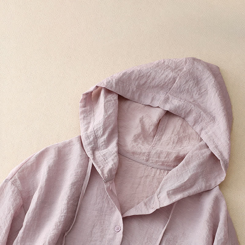 Buddha Stones Summer Casual Drawstring Solid Hooded Women's Long Sleeve Shirts - image 17