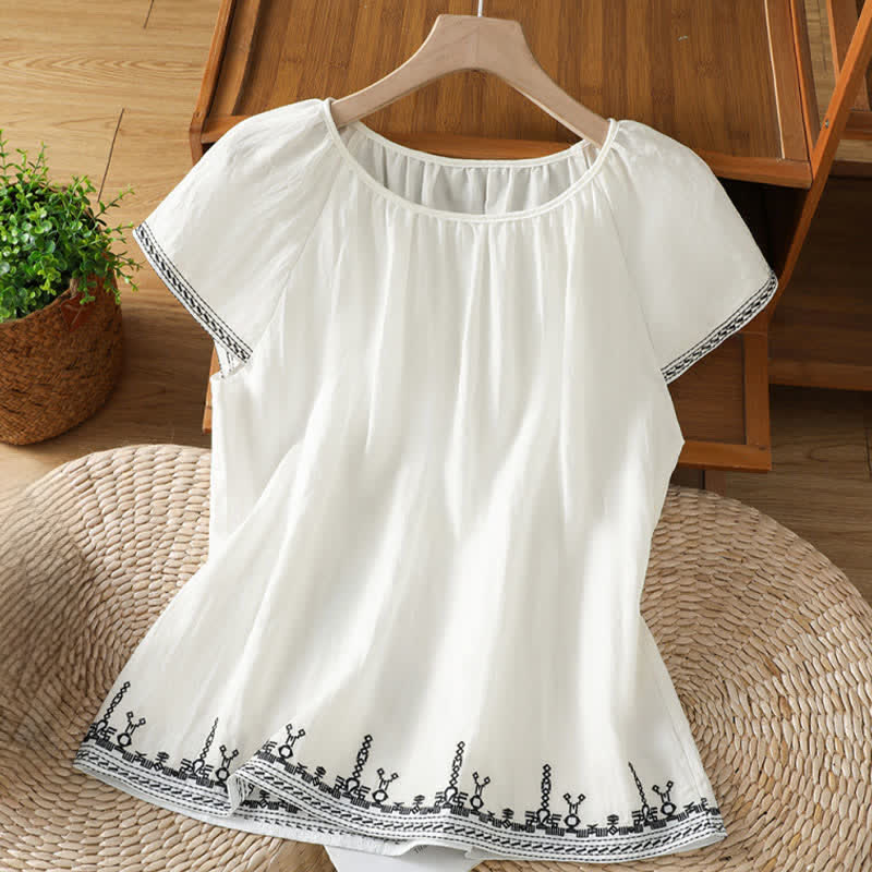 Buddha Stones Summer Boho Embroidery Floral Women's Short Sleeve T-Shirts - White - US12，UK/AU16，EU44 (2XL) - image 6