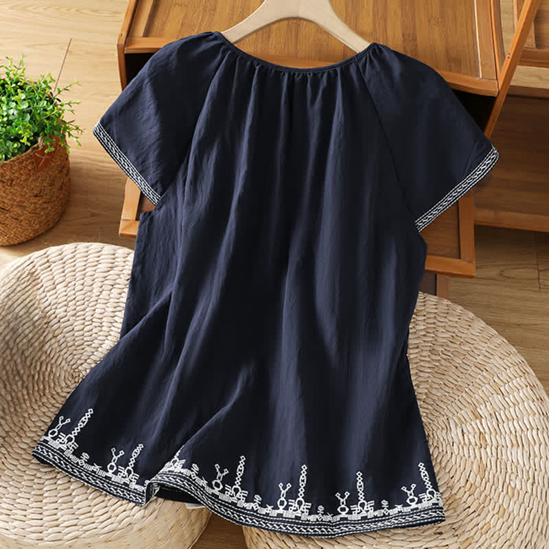 Buddha Stones Summer Boho Embroidery Floral Women's Short Sleeve T-Shirts - image 1