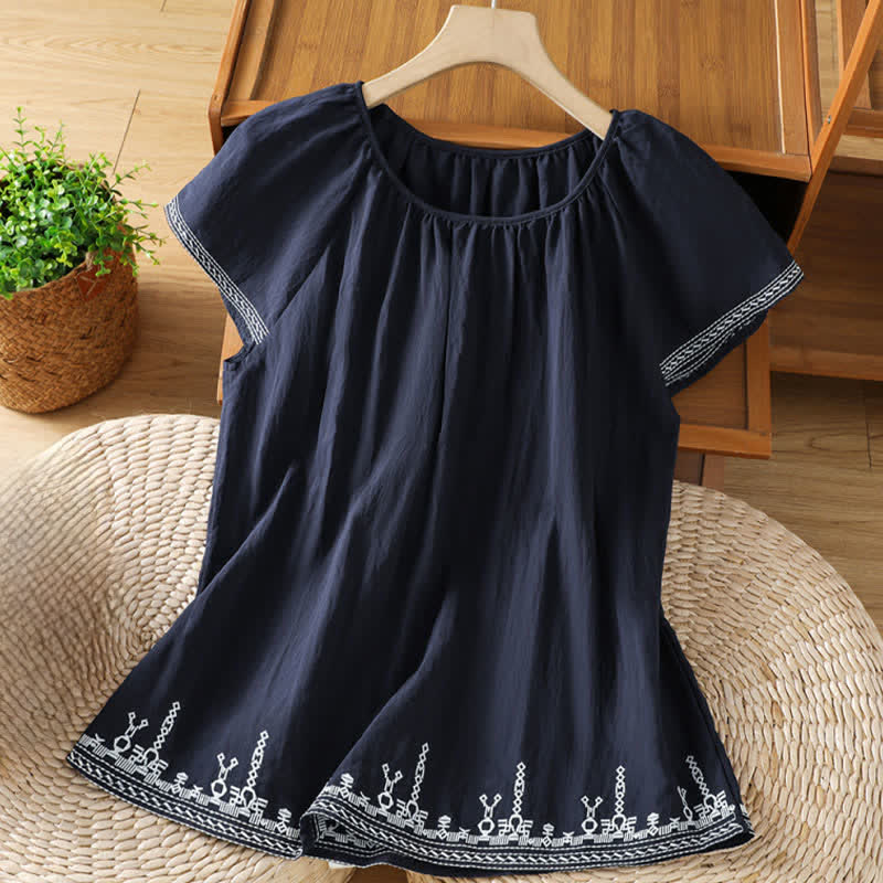 Buddha Stones Summer Boho Embroidery Floral Women's Short Sleeve T-Shirts - MidnightBlue - US12，UK/AU16，EU44 (2XL) - image 0