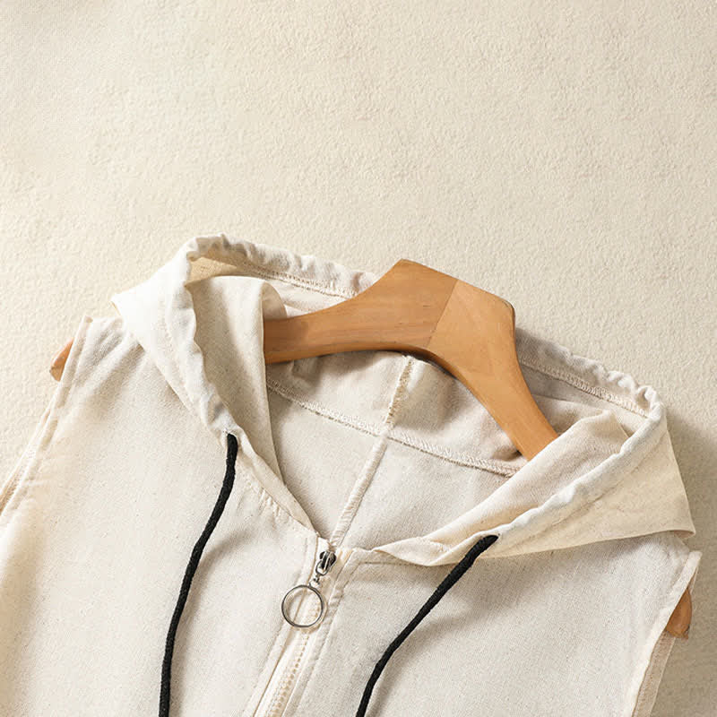 Buddha Stones Summer Casual Drawstring Solid Zipper Design Women's Sleeveless Hooded Shirts With Pockets - image 2