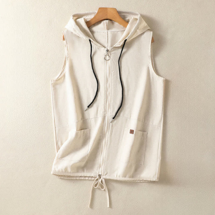 Buddha Stones Summer Casual Drawstring Solid Zipper Design Women's Sleeveless Hooded Shirts With Pockets - AntiqueWhite - US12，UK/AU16，EU44 (2XL) - image 0