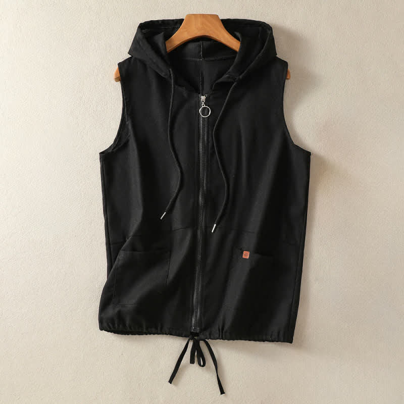 Buddha Stones Summer Casual Drawstring Solid Zipper Design Women's Sleeveless Hooded Shirts With Pockets - Black - US12，UK/AU16，EU44 (2XL) - image 11