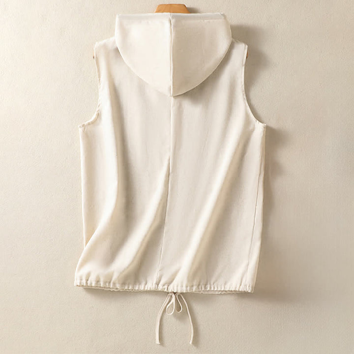 Buddha Stones Summer Casual Drawstring Solid Zipper Design Women's Sleeveless Hooded Shirts With Pockets - image 1