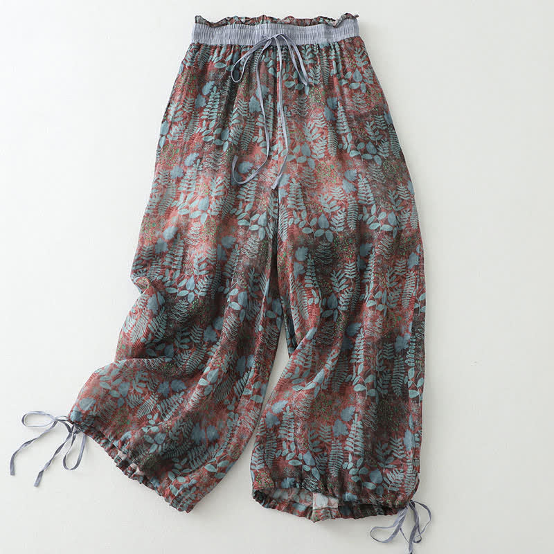 Buddha Stones Summer Bohemian Drawstring Leaf Print Women's Straight Leg Pants With Pockets - image 1