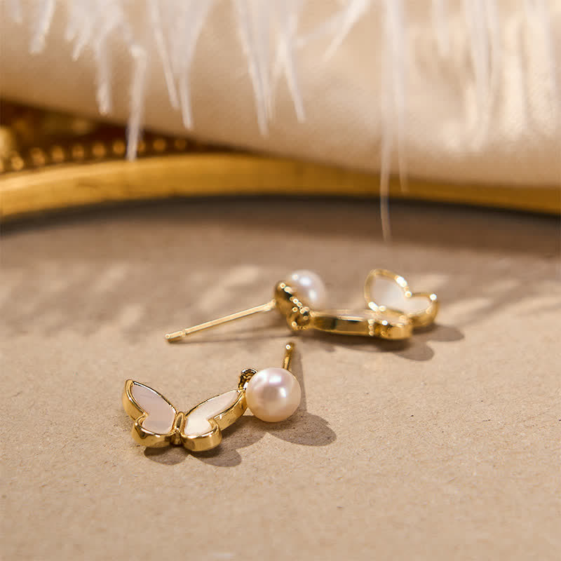 Buddha Stones Copper Natural Pearl Butterfly Design Optimism Earrings - image 2