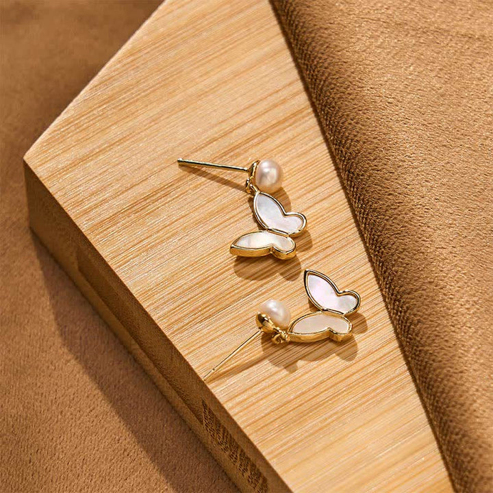 Buddha Stones Copper Natural Pearl Butterfly Design Optimism Earrings - image 3