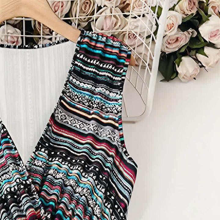 Buddha Stones Summer Bohemian Stripes V-Neck Women's Summer Sleeveless Dress - image 4
