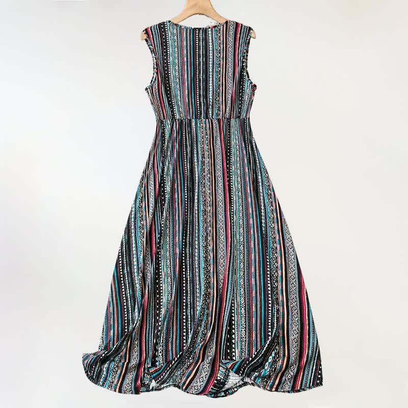 Buddha Stones Summer Bohemian Stripes V-Neck Women's Summer Sleeveless Dress - image 1