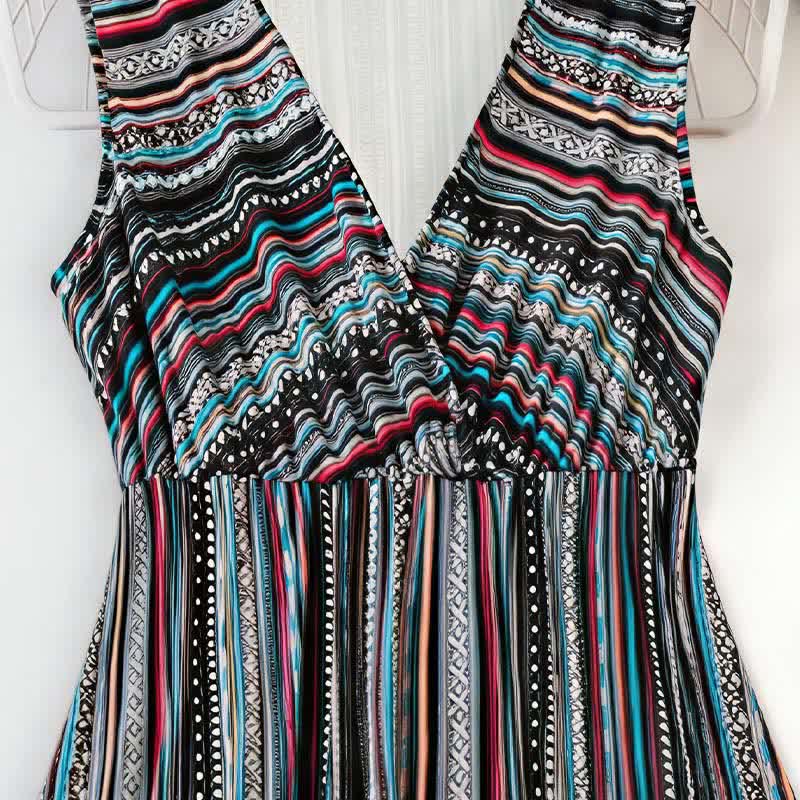 Buddha Stones Summer Bohemian Stripes V-Neck Women's Summer Sleeveless Dress - image 2