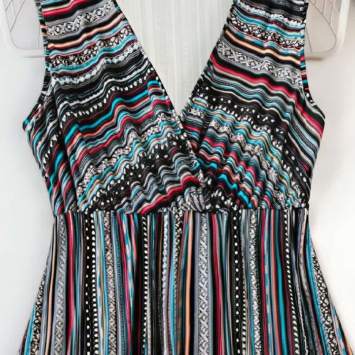 Buddha Stones Summer Bohemian Stripes V-Neck Women's Summer Sleeveless Dress - image 2