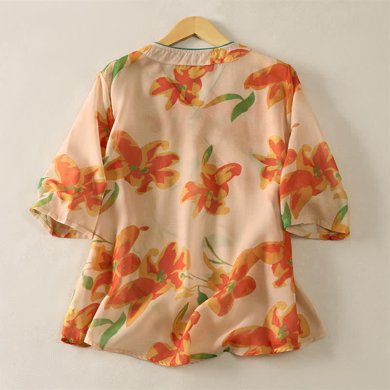Buddha Stones Summer Tang Style Floral V-Neck Women's Short Sleeve Shirts - image 1